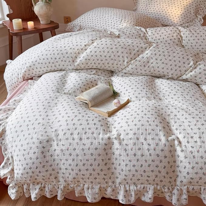 BuLuTu Muslin Cotton Duvet Cover Full, Teens Kids Ruffles Comforter Cover, Chic Shabby Pink Bellflower Print Quilt Covers 79"x90", Zipper Closure, No Pillow Case, Machine Wash