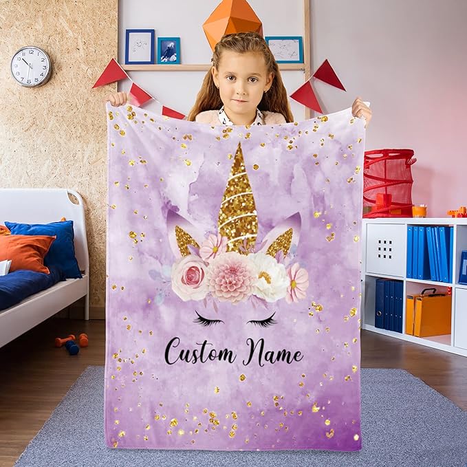 Personalized Horse Blanket with Name for Girl, Custom Name Blanket for Teen, Soft Flannel Purple Toddler Blanket Customized Gift for Birthday New Year Gift 50"x60"