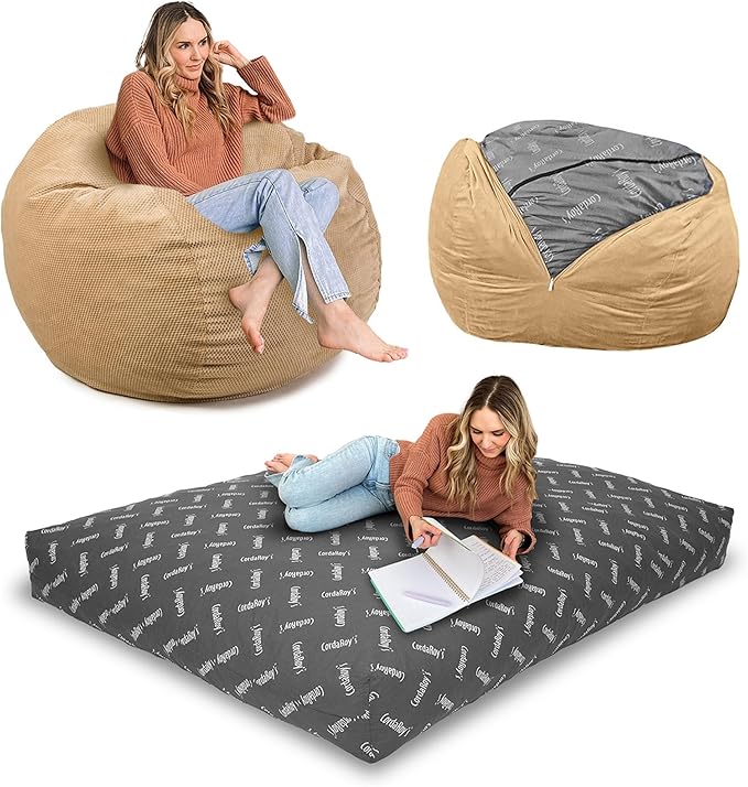CordaRoy's Chenille Bean Bag-Convertible Bean Bag Chair-Machine-Washable Chenille Fabric Cover-for Basement,Living Room,Game Room,Dorm & More - King Size - Tan | Made in The USA