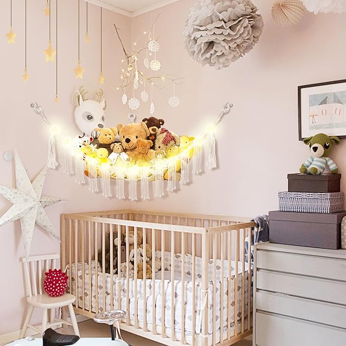 Stuffed Animal Hammock with LED Light, Large Stuffed Animals Storage Corner Plushie Net for Kids Room Decor, 2 Packs White