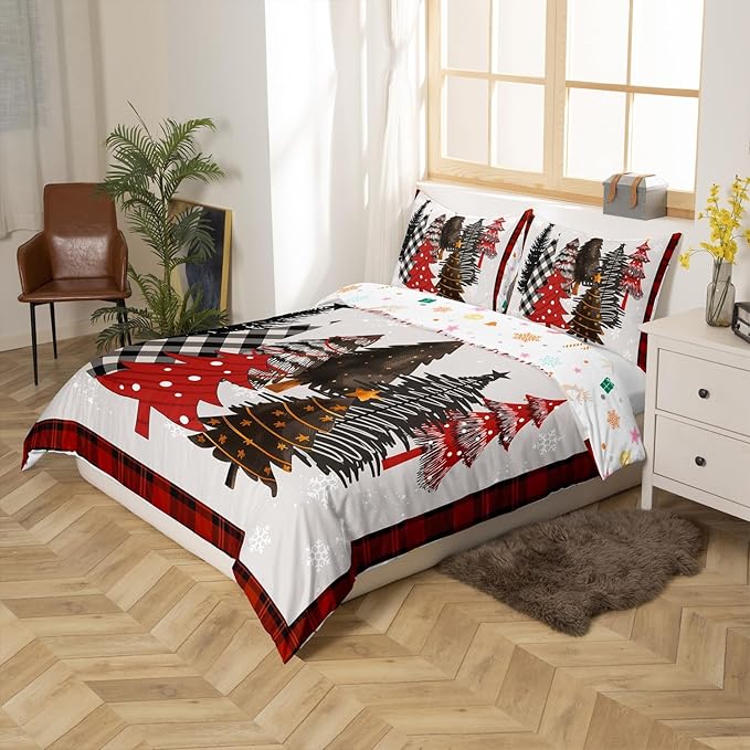 Merry Christmas Duvet Cover Set Queen Size,Xmas Tree Winter Snowflake Cabin Rustic Bedding Set,Boys Girls Room Decor,Geometric Grids Patch Comforter Cover,Grey Quilt Cover,2 Pillowcases,No Comforter