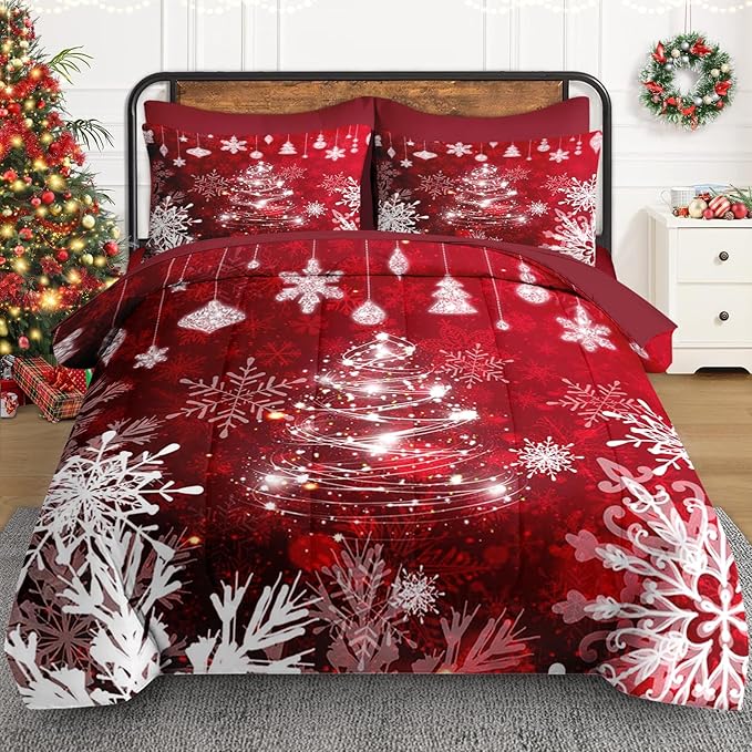 7 Pcs Queen Size Christmas Comforter Set with 2 Pillowcases & 2 Shams, Red Glitter Xmas Tree Bedding for Kids and Adults, White Elegant Snowflake Bed in a Bag with Flat Fitted Sheet