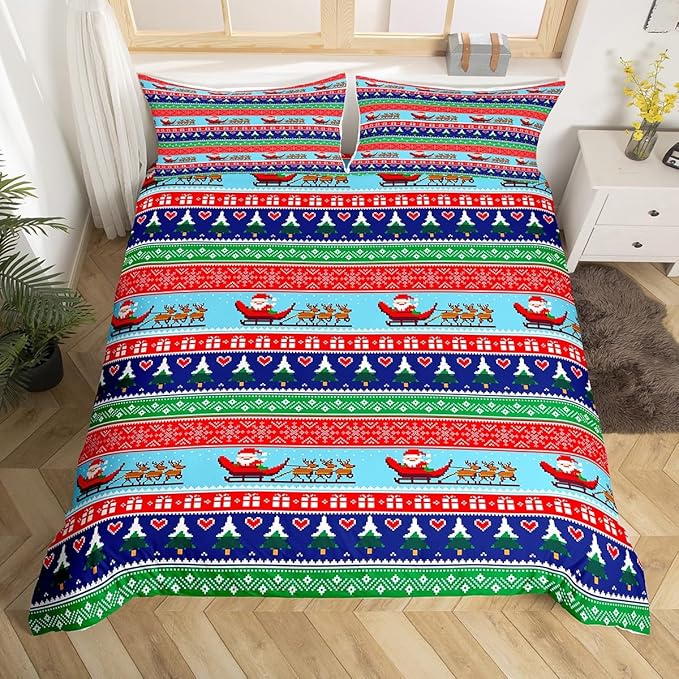 Feelyou Christmas Duvet Cover Cartoon Santa Claus Deer Bedding Set for Kids Boys Girls Teens Room Decor Christmas Tree Comforter Cover Set Exotic Ethnic Pattern Bedspread Cover 3Pcs Zipper King Size