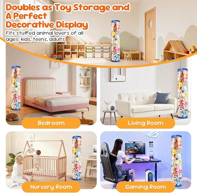 2 Pack Stuffed Animal Storage Tube - Clear 60 inch Large Vertical Toy Organizer, PET Transparent Display Holder for Plushies, Kids Stuffed Animals Zoo for Playroom, Living Room, Bedroom (Sky Blue)