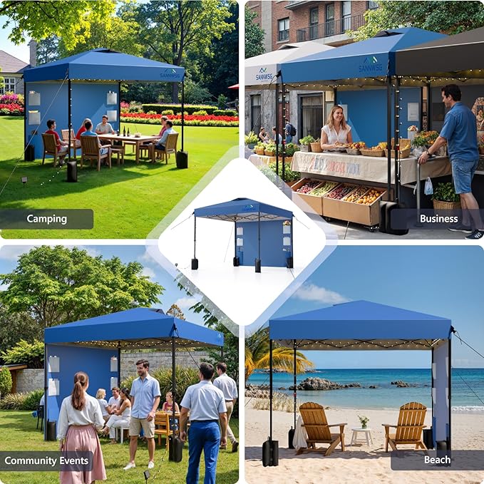 8X8 Pop Up Canopy Tent,Removable Pockets Sidewall for Extra Storage,Easy Up Canopy,Heavy Duty One Person Set Up Event Tent,Blue