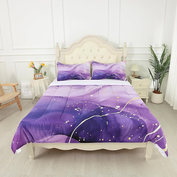 Purple Marble Comforter Set: Full Size Abstract Lavender Bedding Sets Luxury Gold Glitter Aesthetic Marbling Swirl Duvet Bed Set for Teen Girls Women Bedroom Decor 3 Piece