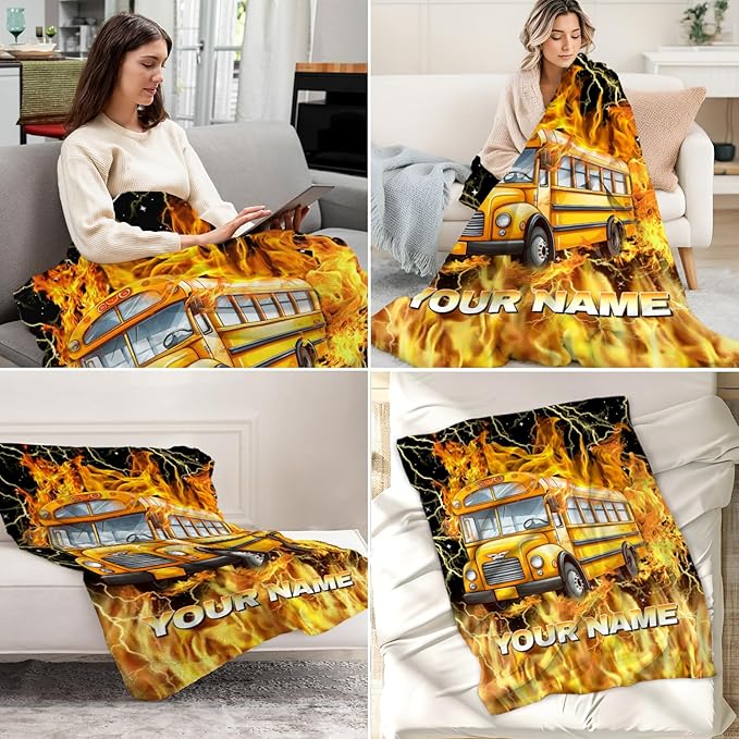 Boys Blanket Gifts Custom School Bus Blankets for Kids, Toddler - Cozy Fuzzy Yellow Flannel School Bus Driver Throws for Couch, Sofa & Bed