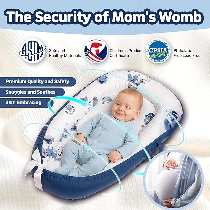 Baby Lounger for Newborn 0–24 Months, Baby Pillow & Baby Nest Lounger, Organic Cotton Breathable Infant Pillow, Portable Baby Nest for Home & Travel (Blue)