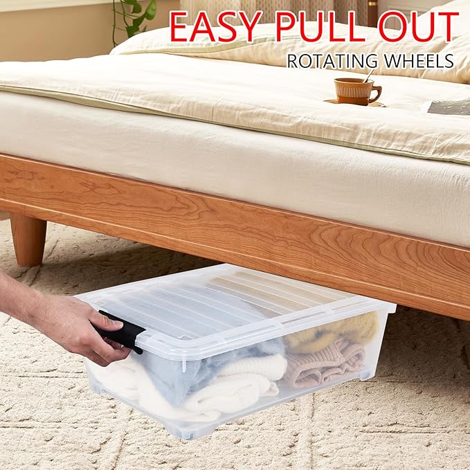 4-Pack 20 L Plastic Under Bed Storage Container with Lids, Underbed Clear Storage Bin with Wheels