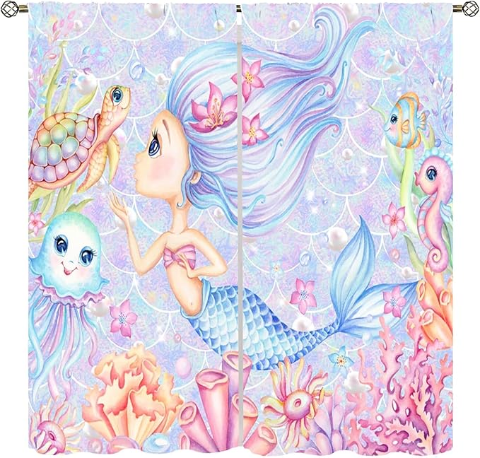 Mermaid Curtains for Girls Children Pink Sea Animal Mermaid Coral Bedroom Curtains for Living Room Room 42x63 Inch