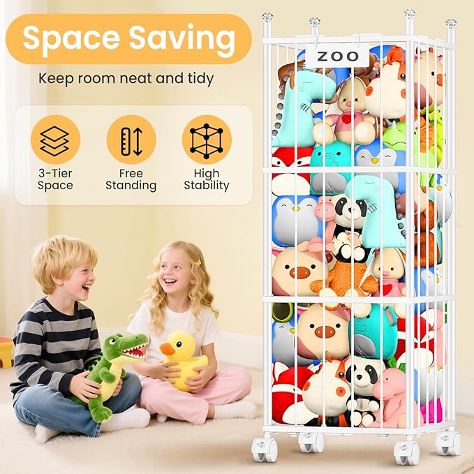 TomCare Extra Large Stuffed Animal Storage Metal Storage Organizer with 4 Lockable Wheels Space Saving Stuffed Animals Holder for Playroom Bedroom