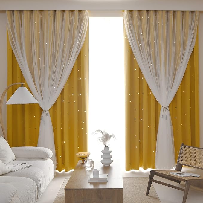 Kinryb Kids Blackout Curtains for Bedroom/Living Room/Classroom, Sheer Overlay Extra Long 2 Panel Set, Double Layer Curtains with Star Cutout for Kids Room(W 52 x L 108 Inches,Yellow 2 Pcs)