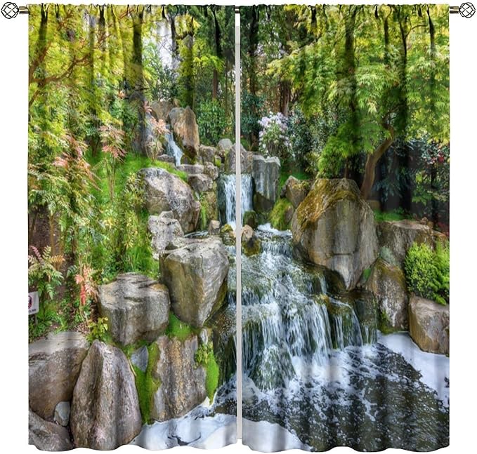 Forest Waterfall Blackout Curtains, Natural Landscape Forest Trees Waterfall Scenery PrintWindow Drapes, for Living Room Bedroom 55" W X 63" L