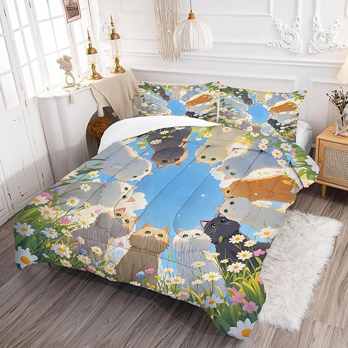 Cats Comforter Set Queen: Kawaii Floral Cat Bedding Set Daisy Kitten Blue Sky Quilts Cartoon Flowers Feline Cute Pets Bed Sets for Women Girls Tween Adults 3 Piece