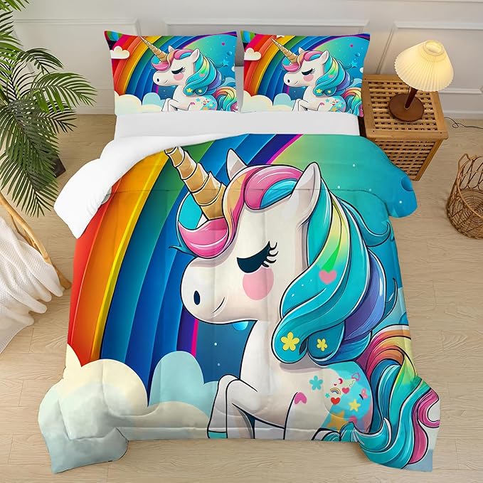 Unicorn Comforter Full Size Rainbow Bedding Set for Girls Kids Children Boys Teens Cartoon Unicorn Light Blue Quilt 1 Comforter + 2 Pillowcases