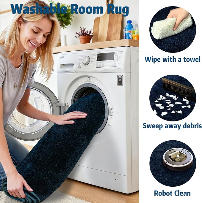 Chicrug 4x6 Minimalist Washable Area Rugs for Bedroom Living Room Classroom, Modern Soft Memory Foam Rug for Kids Nursery, Low Plie Indoor Carpet for Dorm Dining Office Bedside Room Decor, Navy Blue