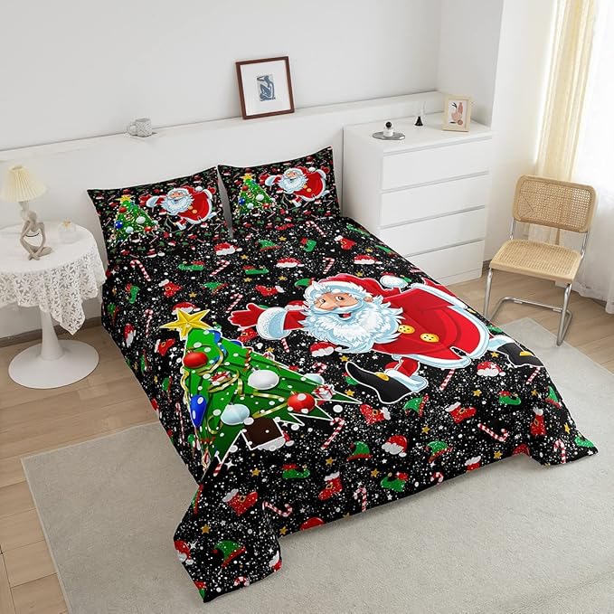 Feelyou Merry Christmas Comforter Set Santa Claus Christmas Tree Galaxy Red Black Bedding Quilt,Soft Warm Lightweight,Queen Size for Girls Boys Kids 1 Comforter + 2 Pillow Cases Boys
