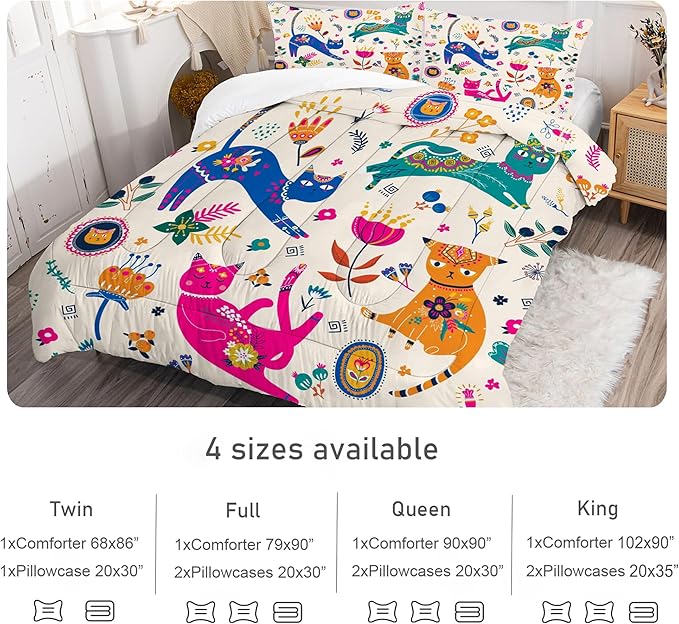 Cat Comforter Set Twin: Cute Floral Cats Twin Bedding Sets for Girls Kids Teens Toddler Cartoon Flowers Kawaii Animals Print Quilt Duvet Bed Set with 1 Comforter & 1 Pillowcase