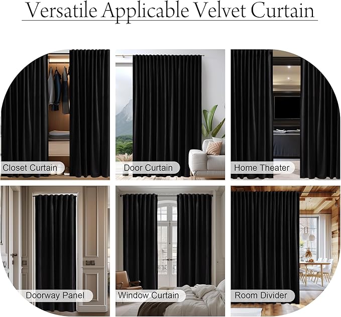 StangH Black Velvet Curtain for Sliding Door Covering Back Tab Blackout Thermal Insulated Doorway Curtain Luxury Home Decoration for Living Dining Room Bedroom Closet, W62 x L80, 1 Panel