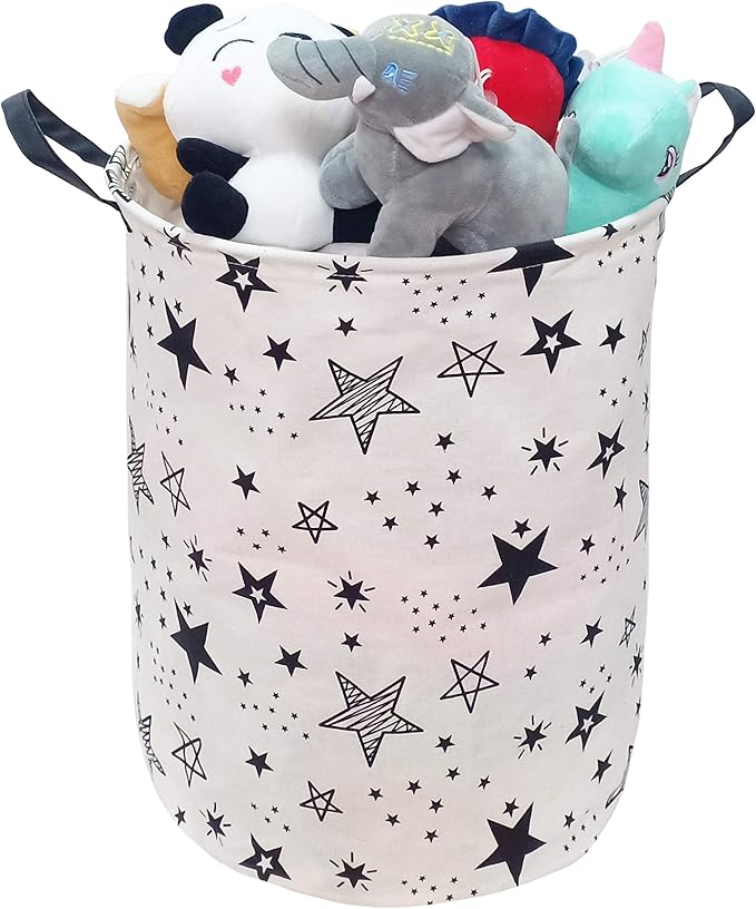 KUNRO Round Laundry Gift Basket Storage Hamper, Kids Toys and Clothes Storage Organizer Bins, Toy Shelf Basket with Handles for Room Decor (Black Star)