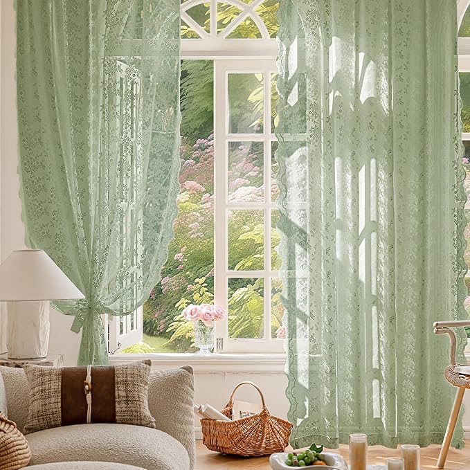 Anmao Vintage Lace Kitchen Curtains 24 Inches Long 2 Panels, Romantic Semi Sheer Floral Over Sink Lacy Cafe Curtain, Elegant Window Short Small Drapes, 55W x 24L, Sage Green