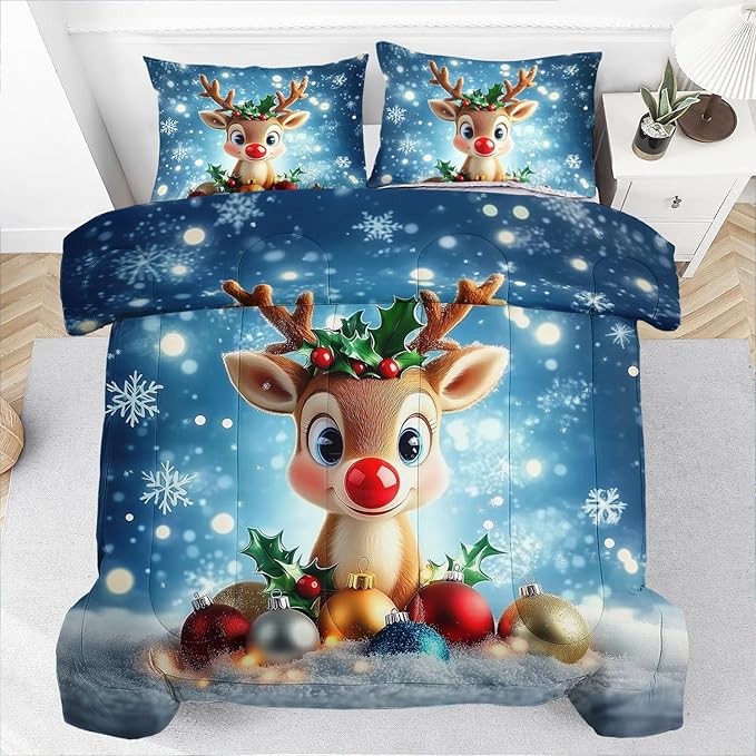 Raphus cucullatus Christmas Bedding King,Reindeer Christmas Decor Comforter Set,Holiday Bedding Winter Quilt,Snowflake Navidad Comforter Set King,Cute red Nose Reindeer Quilt