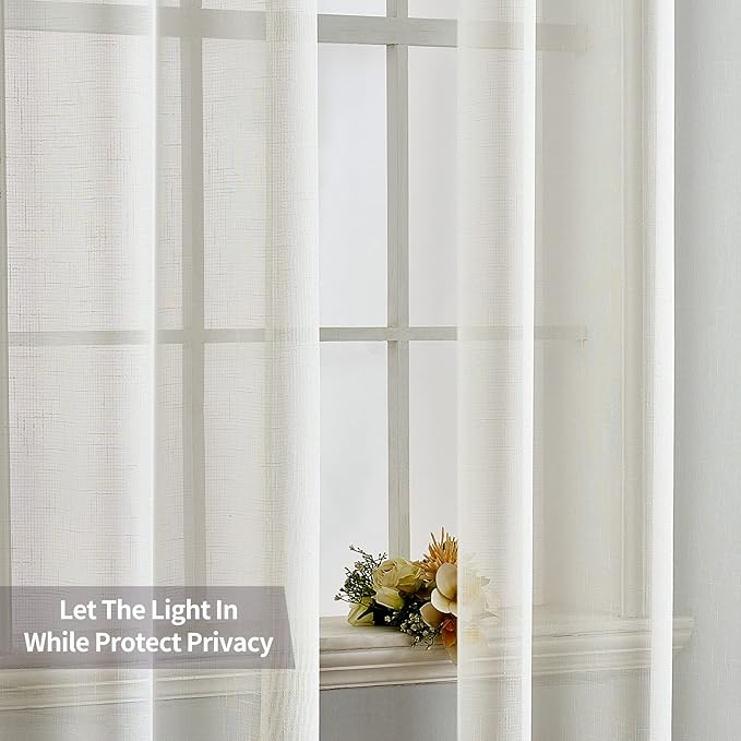 MIULEE Natural Linen Semi Sheer Window Curtains - Elegant Solid Ivory Drapes with Grommet Top - Voile Panels for Bedroom & Living Room (52X108 Inch)
