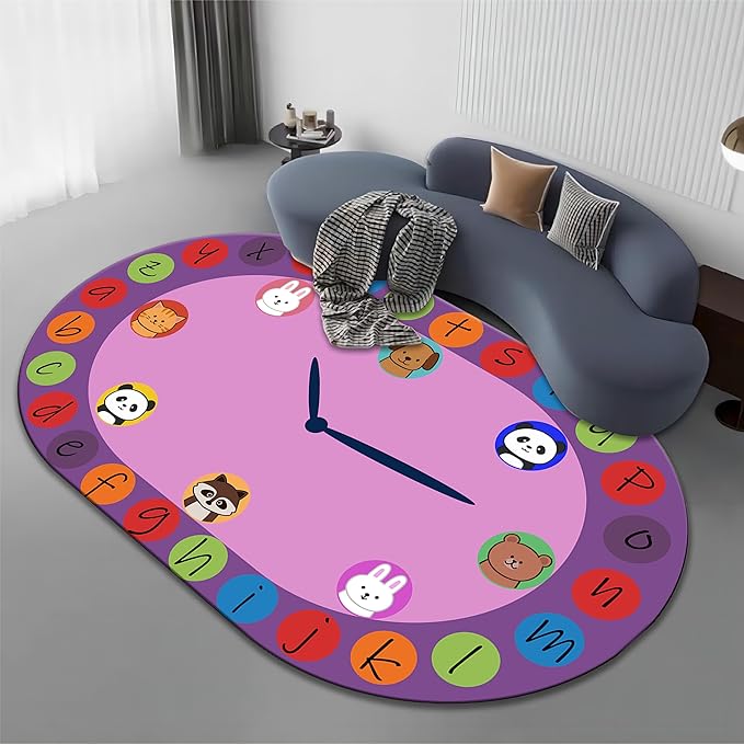 Children's Area Rugs, 4x6ft, Alphabet Animal Early Learning Oval Rug, Cartoon Animal Pointer Print Playmat, Non-Slip Washable Purple Floor Carpet for Kids Room Classroom Nursery