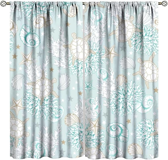 Nautical Curtains,Seagorses Coral Starfish Reef Seashell Beach Sea Seashell Pattern Blackout Print Home Bedroom Living Room Window Treatmen 2 Panel Set 63x72 Inch