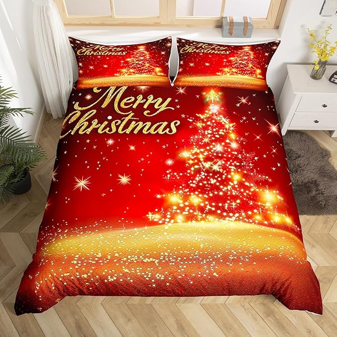 Manfei Christmas Tree Duvet Cover Set Full Size Gold Sparkle Comforter Cover Merry Christmas Bedding Set 3pcs for Kids Boys Girls Western New Year Theme Bedspread Cover with 2 Pillowcases,No Comforter