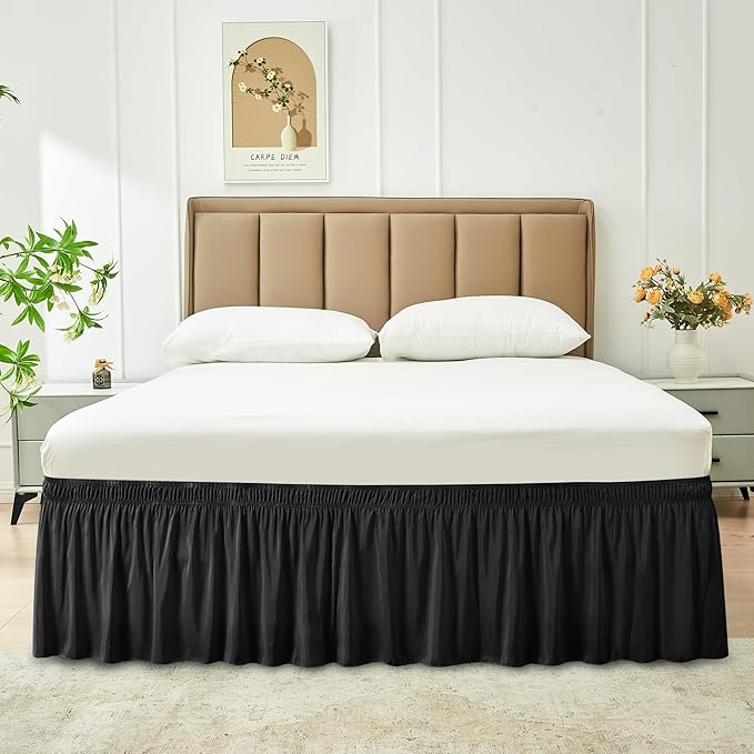 Biscaynebay Wrap Around Bed Skirts for Queen Beds Short Drop of 12", Black Adjustable Elastic Dust Ruffles Easy Fit Wrinkle Resistant Silky Luxurious Fabric Machine Washable
