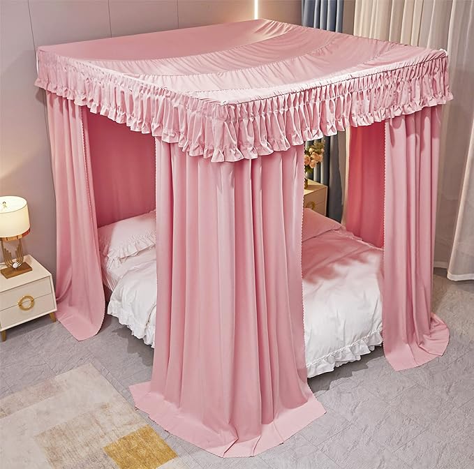 VETHIN Elastic Roof Style Four Corner Post Princess Bed Canopy Curtains Cozy Breathable Tent Canopy Mosquito Net for Girls & Adults Bedroom Decoration (Pink, 59-64" W*82" L*82"*H/(Queen))
