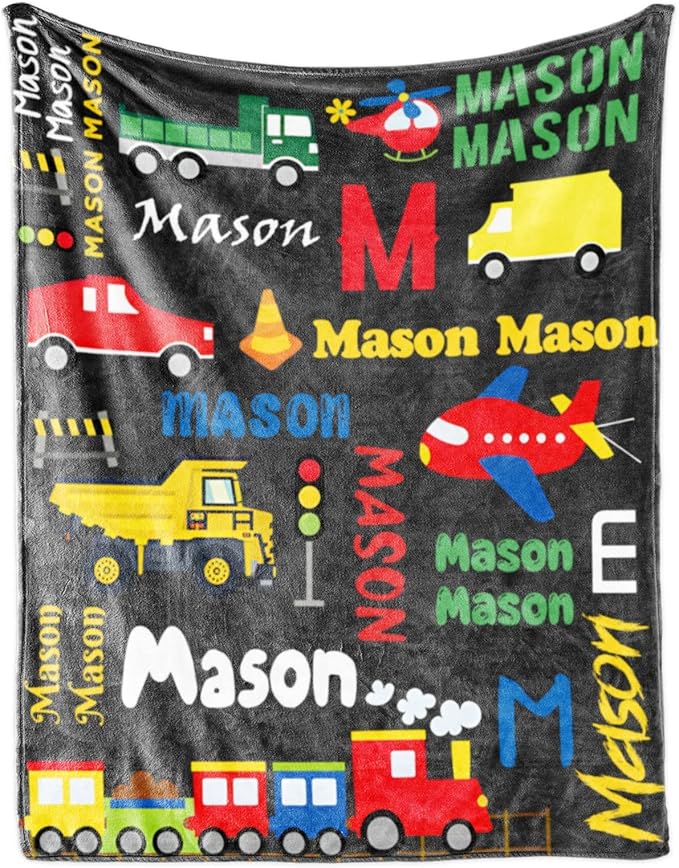 Personalized Blanket with Name for Boys, City Car Transport Custom Name Blanket, Soft Flannel Toddler Blankets Customized Gift for Newborn Baby Shower Birthday-60 x80