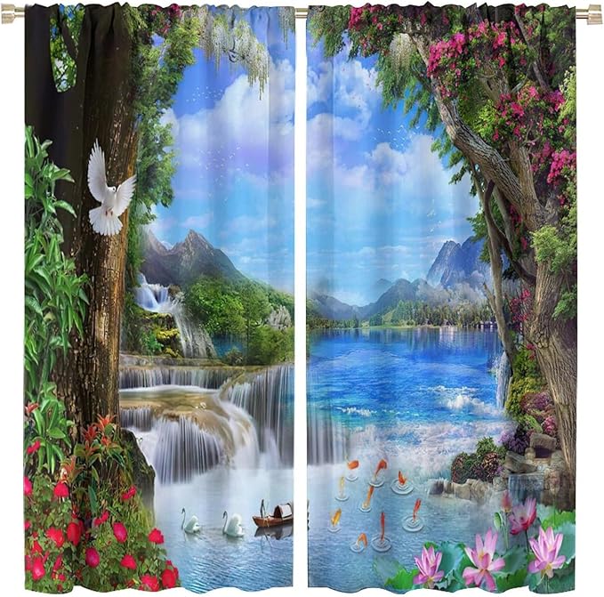 Spring Jungle Waterfall Blackout Window Curtains, Tropical Rainforest Floral Tree Waterfall Landscape Print Window Drapes, for Living Room Bedroom 63x63in 2 Panels