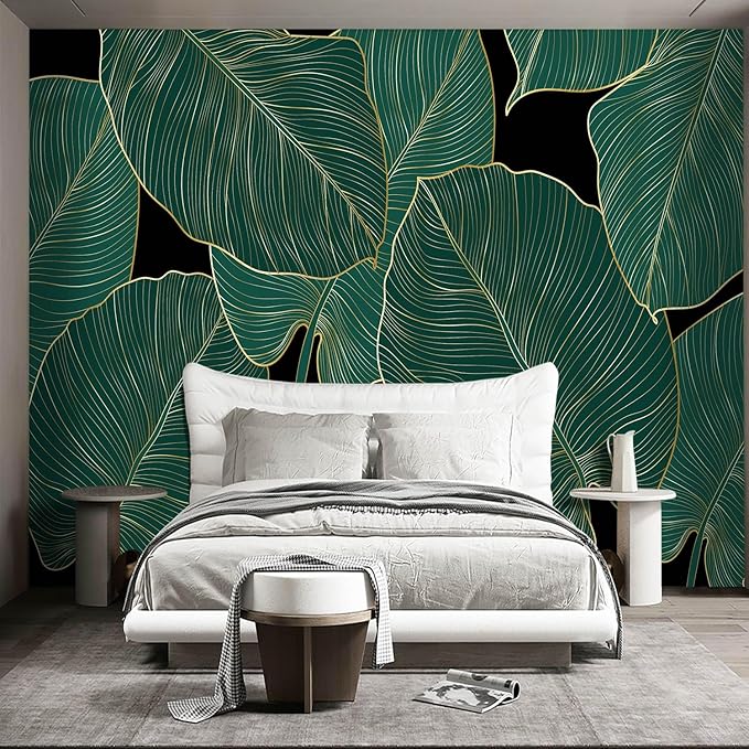 Black and Gold Leaf Mural Bedroom Tropical Green Botanical Wallpaper Room Plant Decor Living Room tv Background Large Wall Mural - 137"x96" (Not Peel and Stick)