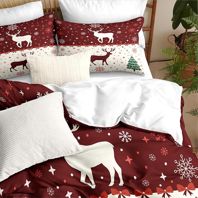 Christmas Duvet Cover King Size Red Bow Deer Bedding Set Kids Boys Girls Xmas Christmas Tree Comforter Cover 3 Pieces with Zipper Closure (No Comforter)