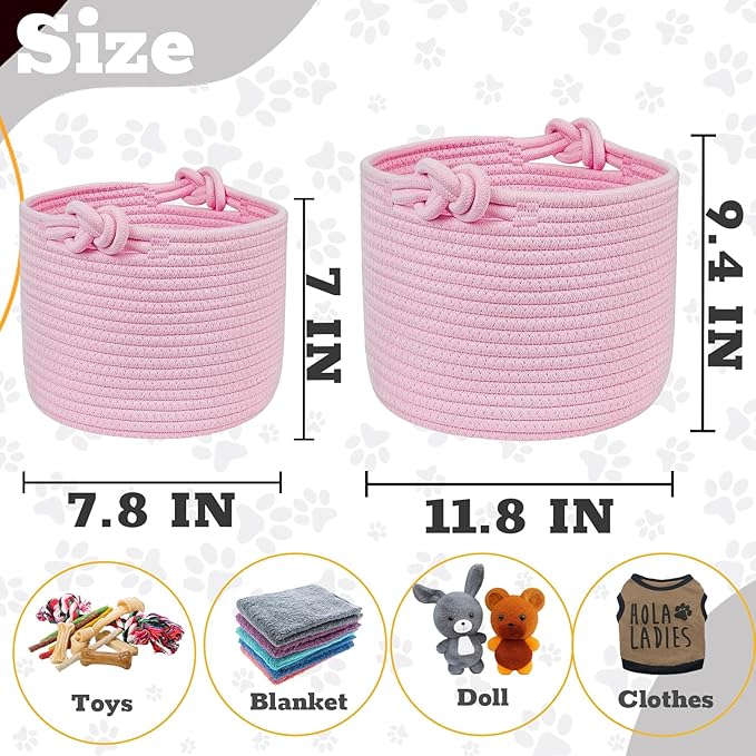 Personalized Dog Toy Basket Custom Dog Toy Box Rope Woven Basket with Pet's Name Dog Storage Organizer with Handles Cute Toy Bin for Cat Pink