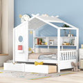 Twin Bed Frames for Kids, House Bed with Window and Fence, Wood Platform Bed Frame with Drawers and Shelves, Playhouse Bed for Boys Girls, White, 78" L x 42.7" W x 72" H