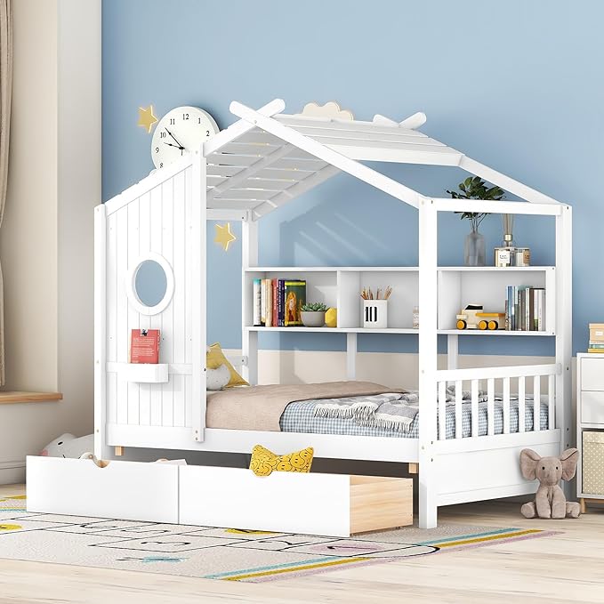 Harper & Bright Designs Twin Size Modern House Bed with Roof, Wooden Twin Size House Bed with 2 Drawers and Storage Shelf, White