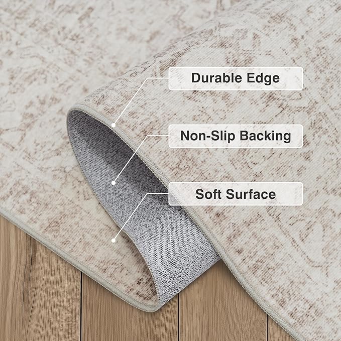 FMFUNCTEX 6x9 Washable Area Rug Beige Vintage Neutral Distressed Oriental Large Non Slip Carpet for Living Room Bedroom Soft Low Pile Indoor Mat Retro Throw Rug for Dining Room Kitchen Office Nursery