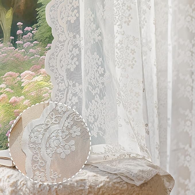 Anmao Vintage White Lace Curtains 102 Inches Long 2 Panels, Romantic Elegant Light Filtering Semi Sheer Floral Thick Lacy Curtain Drapes for Living Room and Bedroom, Each Panel 55W x 102L, Off White