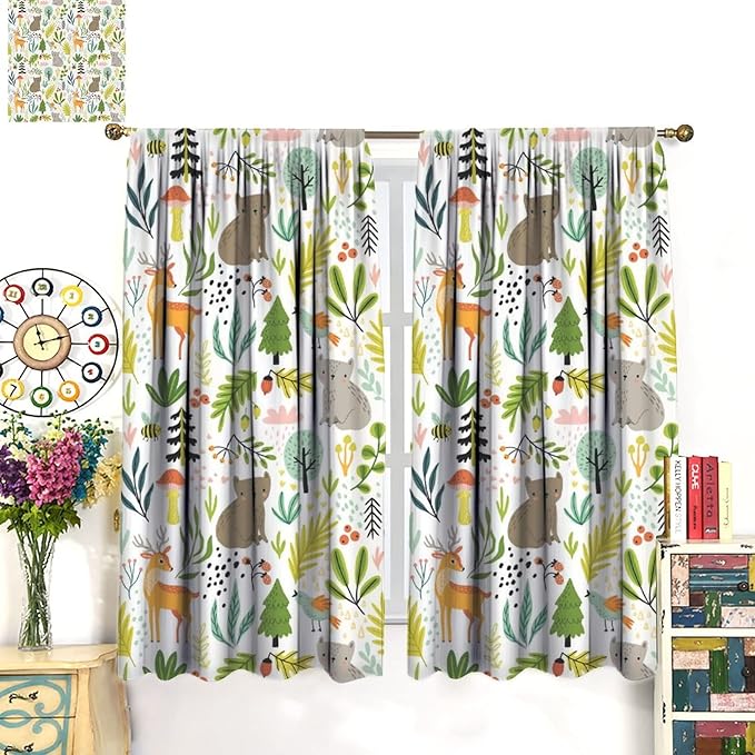 Cartoon Forest Kids Blackout Curtains,Cute Woodland Wild Animals Colorful Deer Plants Trees Print Pattern Thermal Insulation Window Drapes for Nursery Boys Girls Bedroom,White Background 42x63in