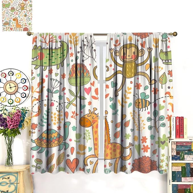 Cute Monkeys Curtains, Zoo Theme Cartoon Funny Animals Crocodile Giraffe Turtle with Flowers Print Thermal Insulation Window Drapes for Kids Boys Girls Baby Bedroom Living Room 72x63in