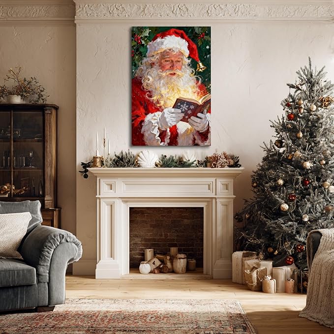 YONICA Christmas Canvas Wall Art Reading Santa 12x16 Inch Oil Painting with Glowing Book and Holly - Large Framed Gallery Wrapped Library Decor