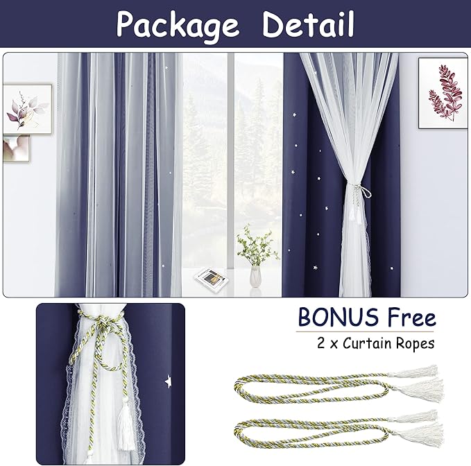 Kinryb Kids Star Cutout Blackout Curtains for Bedroom/Living Room,2 Free Tiebacks Sheer Overlay 72 Inches 2 Panel Set, Double Layer Curtains for Kids Room(W52xL72 Inches,Navy Blue 2 Pcs)