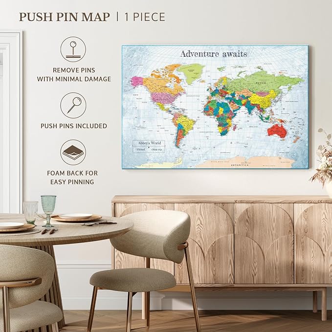ElephantStock - Personalized Adventure Awaits IV Push Pin World Map Wall Art - Horizontal Canvas Wall Art - Living Room Wall Decor - Digital Art Map Canvas Art - Blue And Green Decor - 36" x 24"