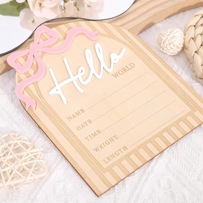 Bow Hello World Wooden Board - Hospital Newborn Information Record,Birth Milestone Bulletin Board Photo Props,Sweet Pink Bow Nursery Decorations,Little Princess Hello World Announcement Sign