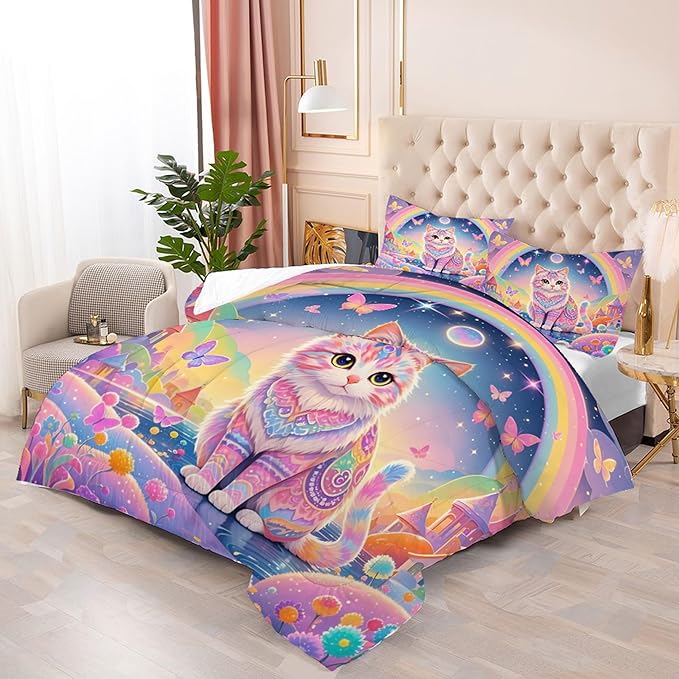Rainbow Cat Comforter Set: Twin Size Cute Colorful Cat Bedding for Kids Teen Girls Room Decor Kawaii Purple Pink Ethnic Kitten Quilt Floral Feline Castle Bed Sets 2 Piece