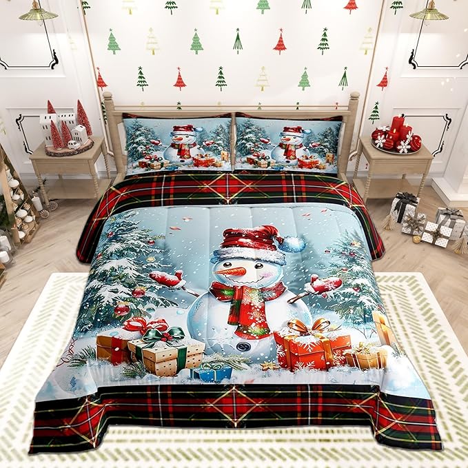 Castle Fairy Xmas Cute Snowman Comforter Set Twin Size,Merry Christmas Pine Trees Decor Bedding Set for Kids Boys Men,Vintage Red Green Checkered Plaid Quilted Duvet Set with 1 Pillowcase