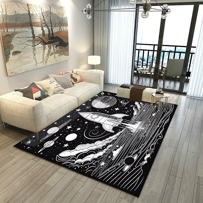 5' x 7' Space Rocket Rug for Kids Bedroom Black Stars Rugs Galaxy Carpet Planet Printed Throw Rugs for Boys Children Living Room,150x210cm